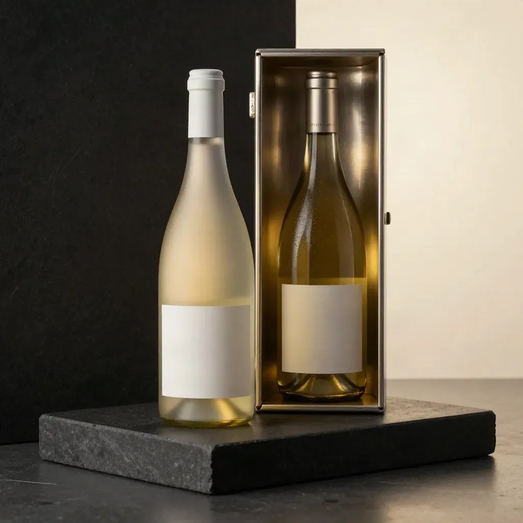 Witte Chardonnayfles in kist op donkere steen, dramatisch licht en koele damp