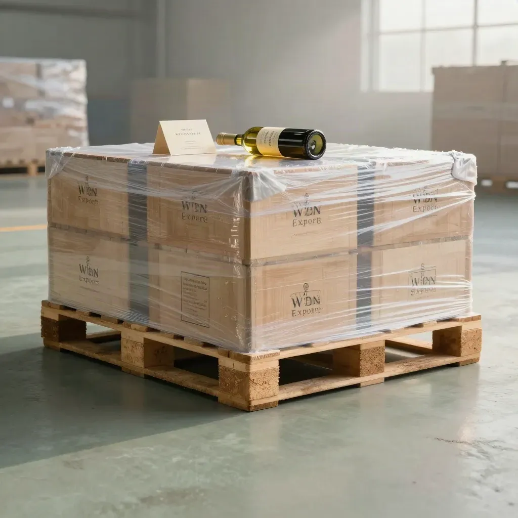 Exportpallet met zes wijnkisten, proefbottle en folie in lichte magazijnsetting.