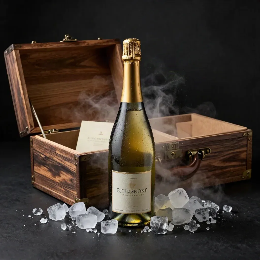 Brut mousserend pakket met fles, kist en koele kristallen op donkere ondergrond.