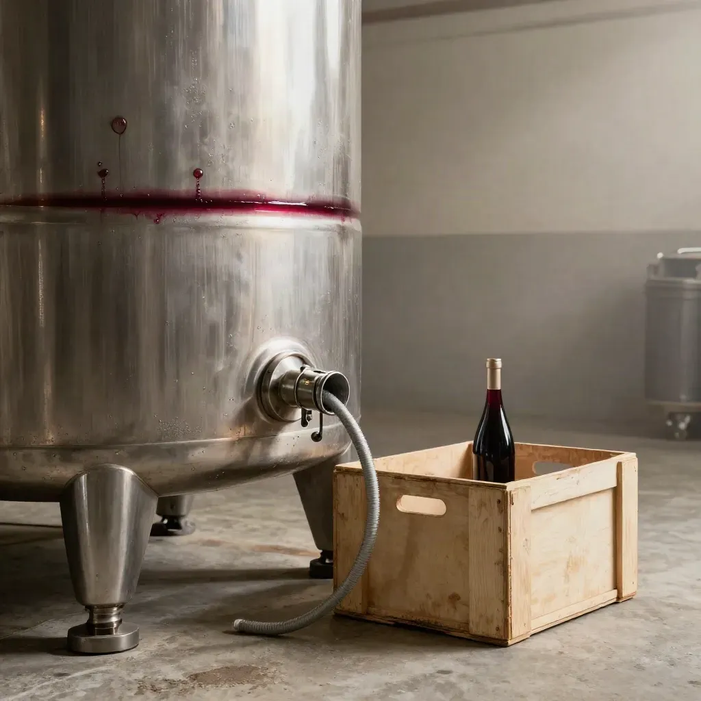 RVS tank met slang en exportkrat rond bulk Syrah in een koele wijnkelder.