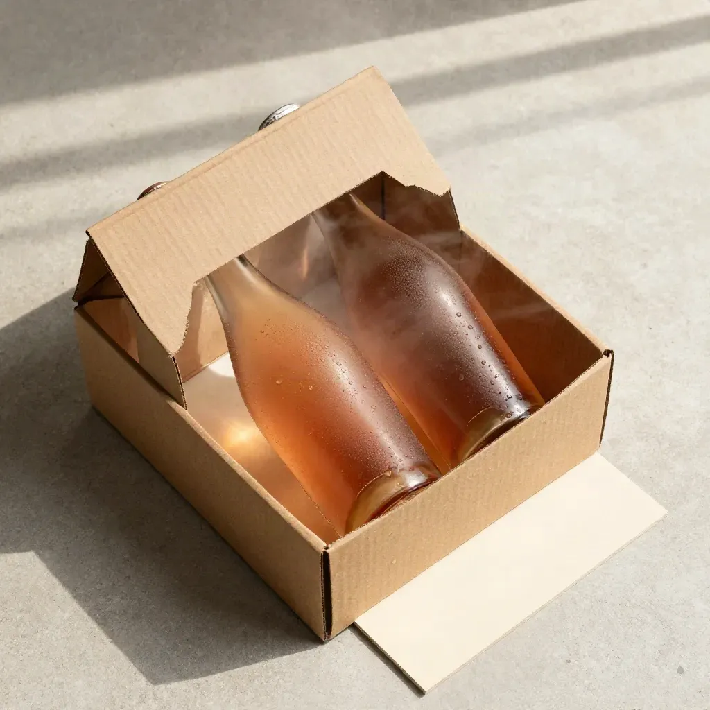 Bovenaanzicht van een gekoelde rosé horecadoos met flessen, open flap en condens op steen.