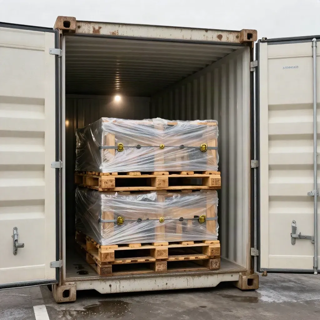 Open reefercontainer met gestapelde wijnpallets in een frisse, industriële setting.