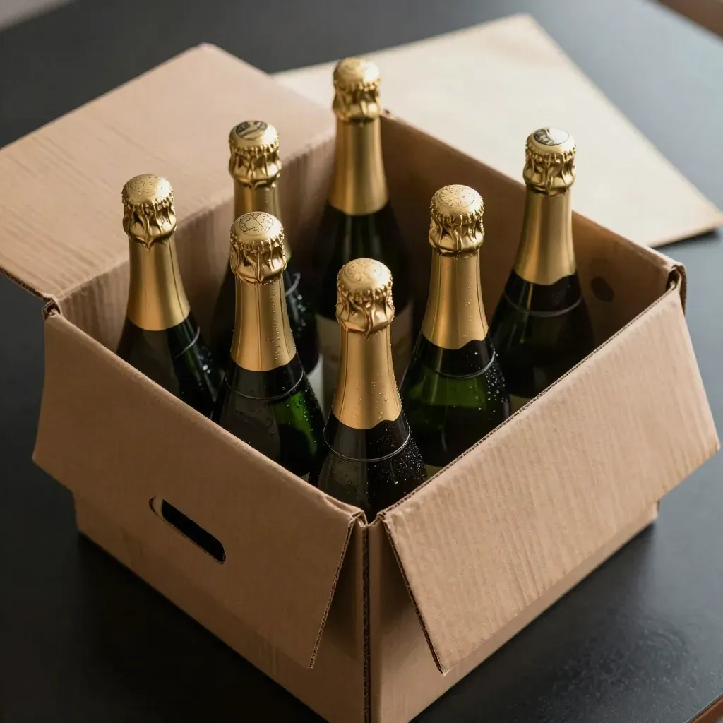 Six cavaflessen in een open doos, met condens en een scheve koelopstelling.