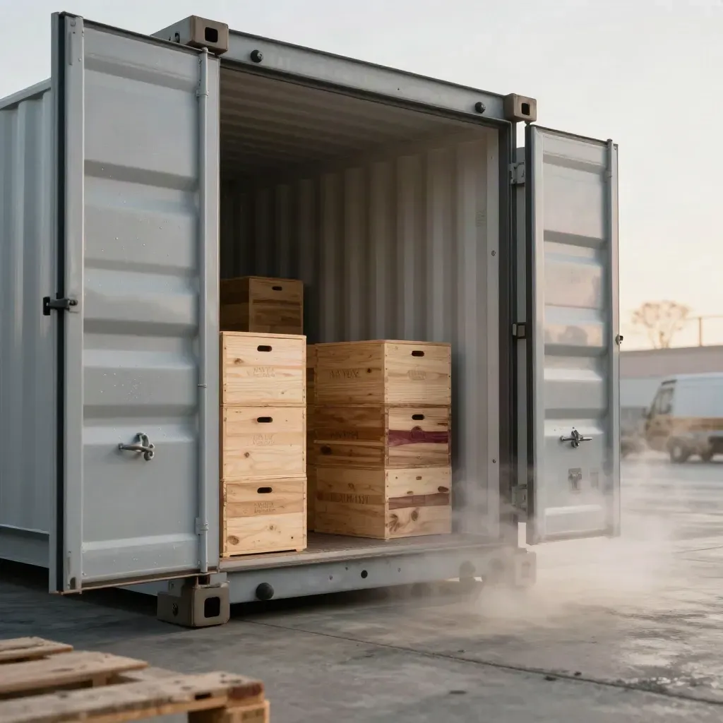 Open koelcontainer met wijnkratten en koude damp op een betonnen laadperron.