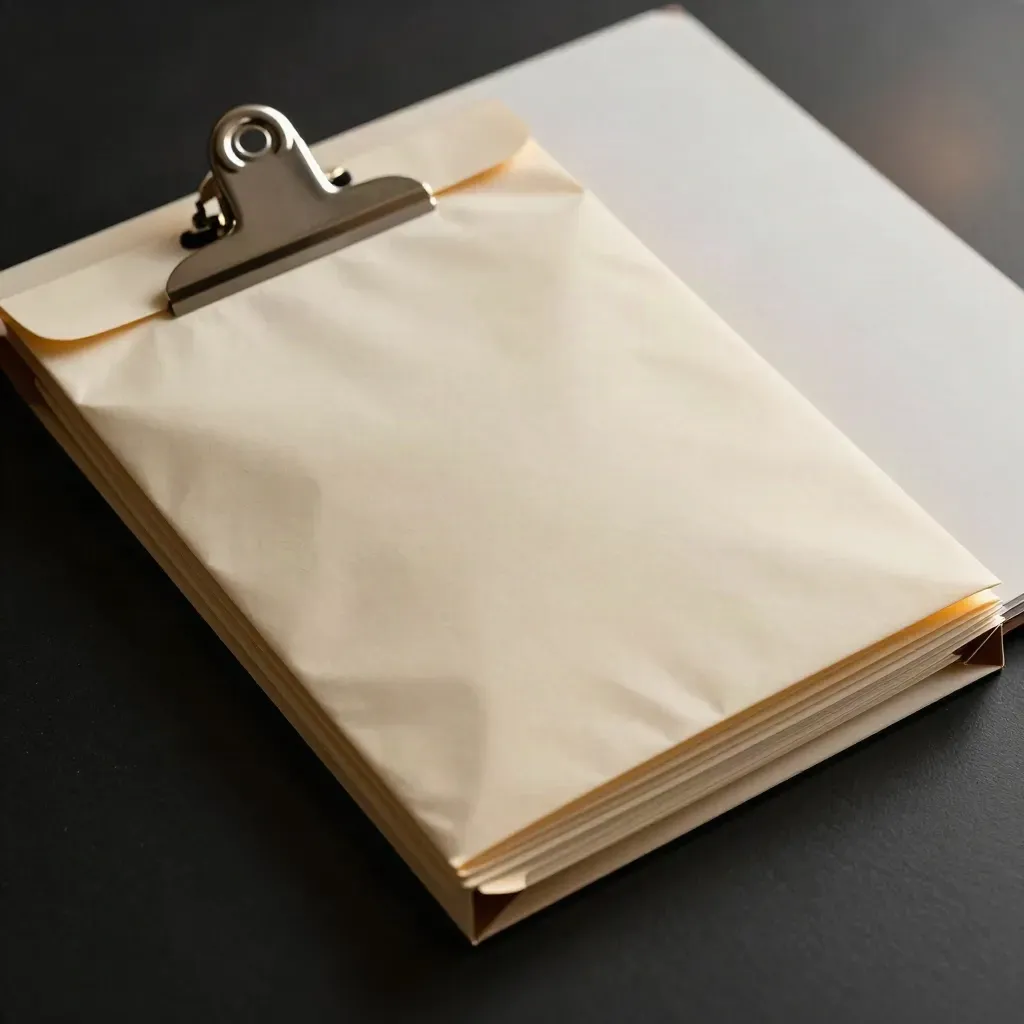 Bovenaanzicht van exportdossier met map, pouch en clip op matte zwarte ondergrond.
