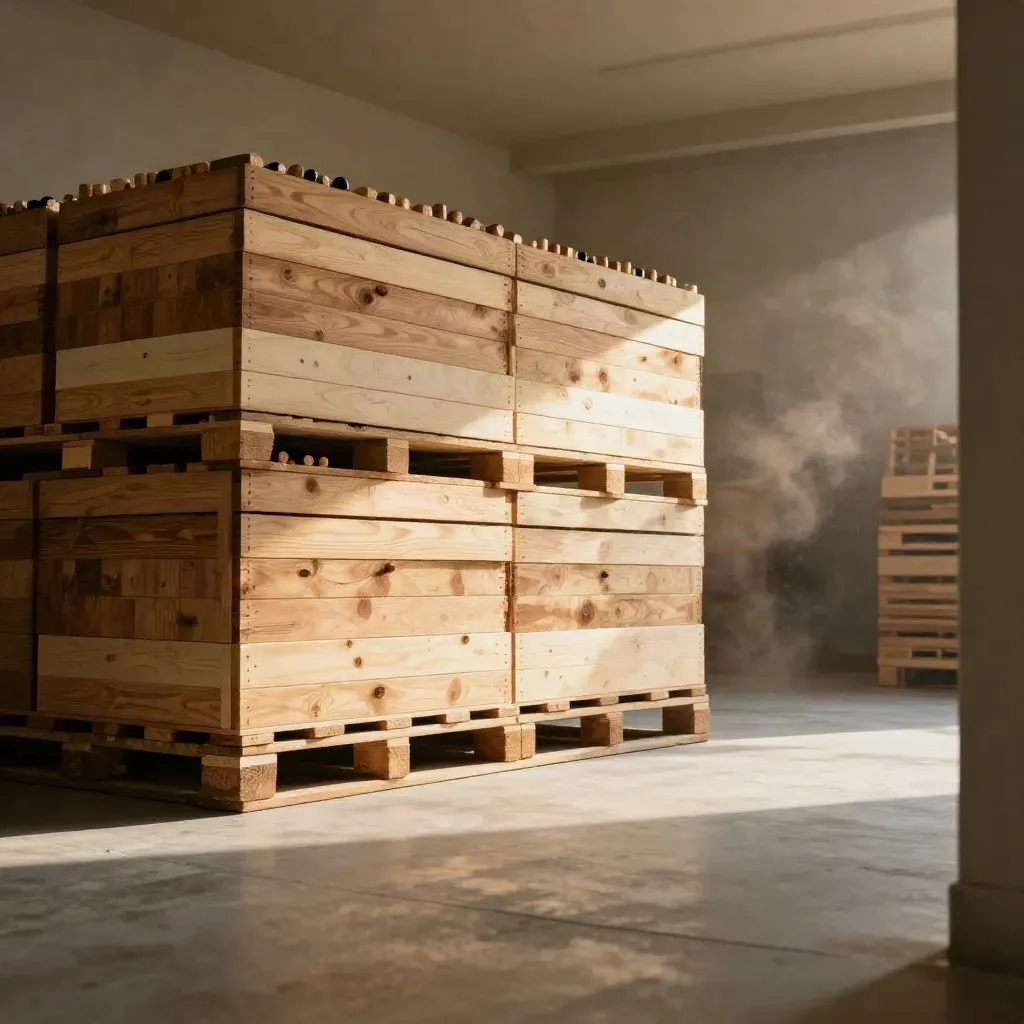 Houten wijnkisten op pallets in een lichte ruimte, met veel rustige vloer eronder.