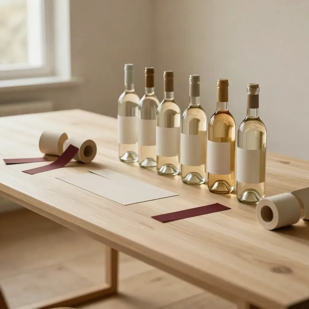 Blanco wijnflessen met labelrollen en kartonnen stroken op een lichte houten tafel